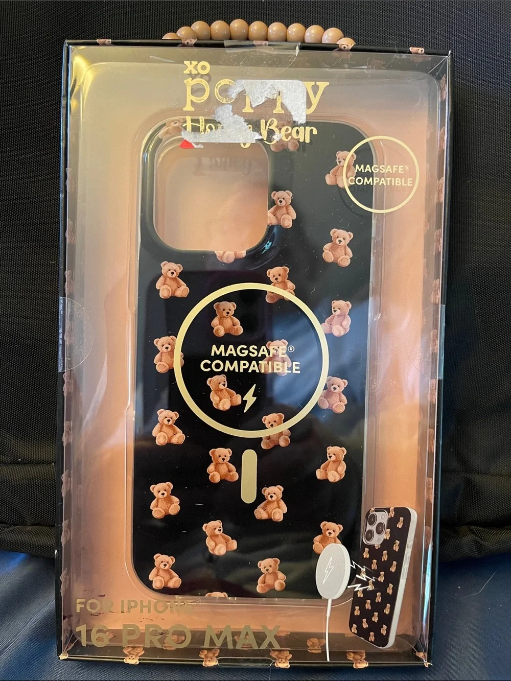 XO Poppy Honey Bear MagSafe Case for iPhone 16 Pro Max - Black with Brown Bears